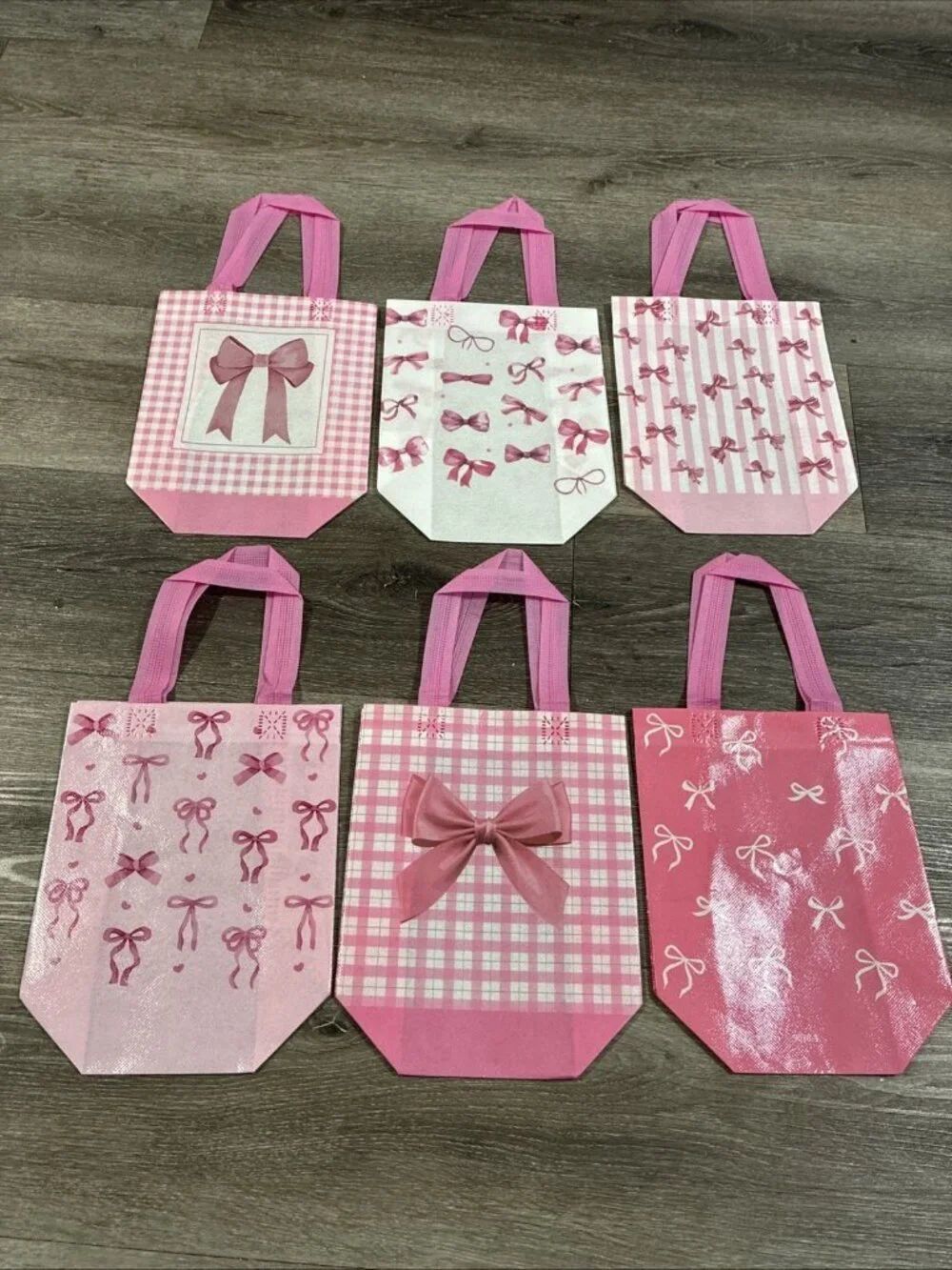 Set of 6 Pink Bow Gift Bags Reusable Tote Party Favor Coquette Gingham